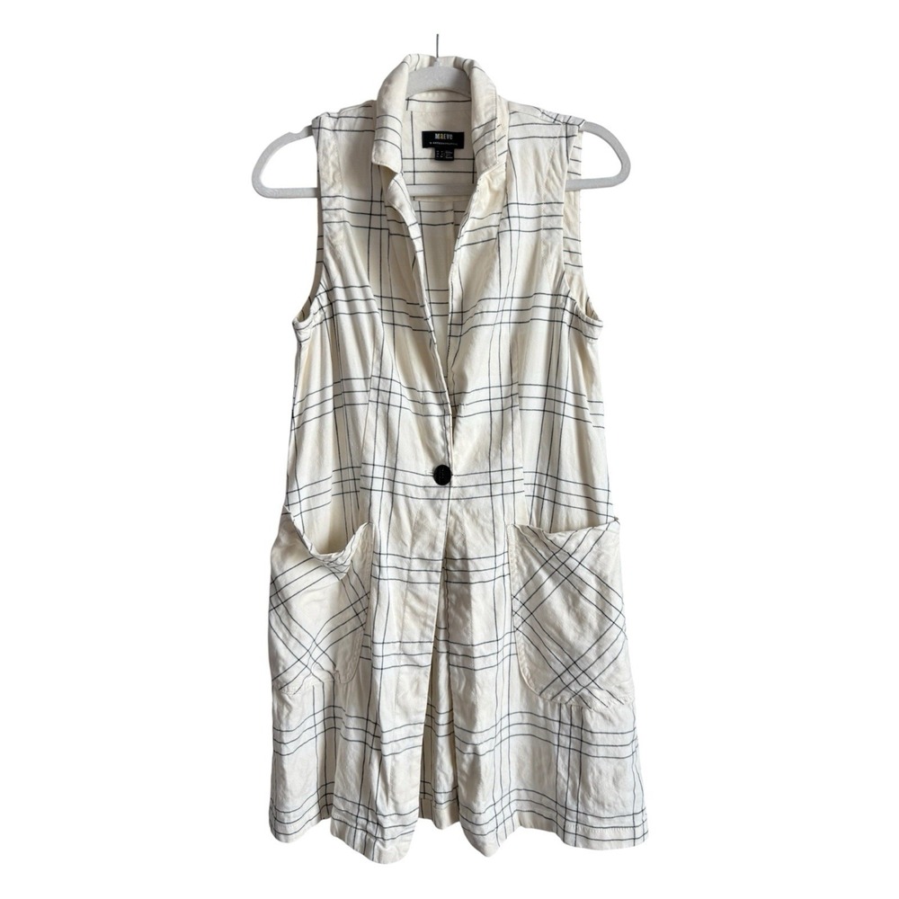 Maeve Anthropologie Long Linen Plaid Duster Vest Ivory Windowpane Academia Sz 4